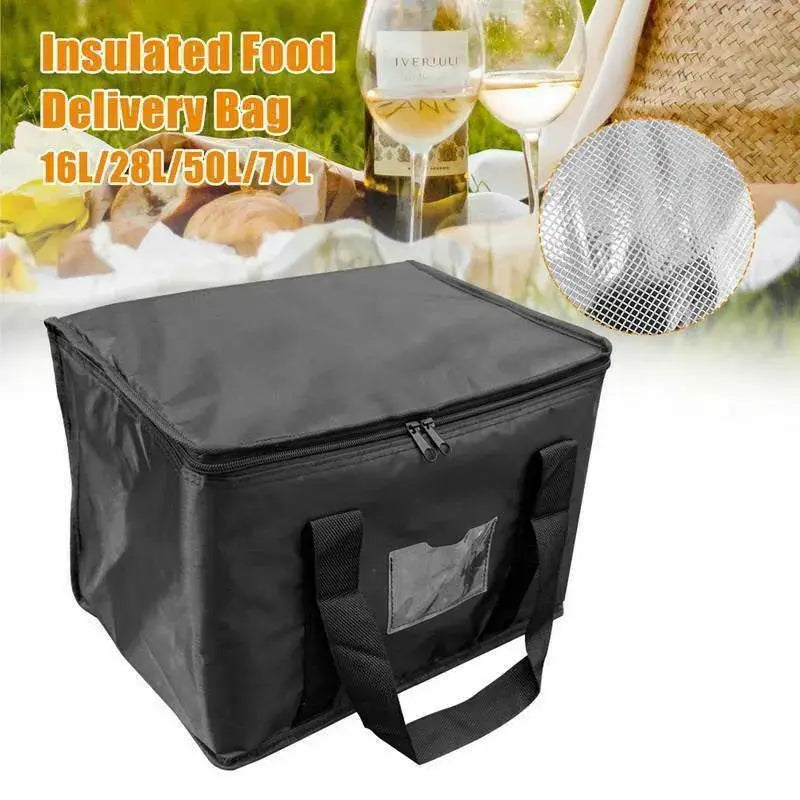 Large black insulated food delivery bag with zip-top closure and dual carrying handles.
