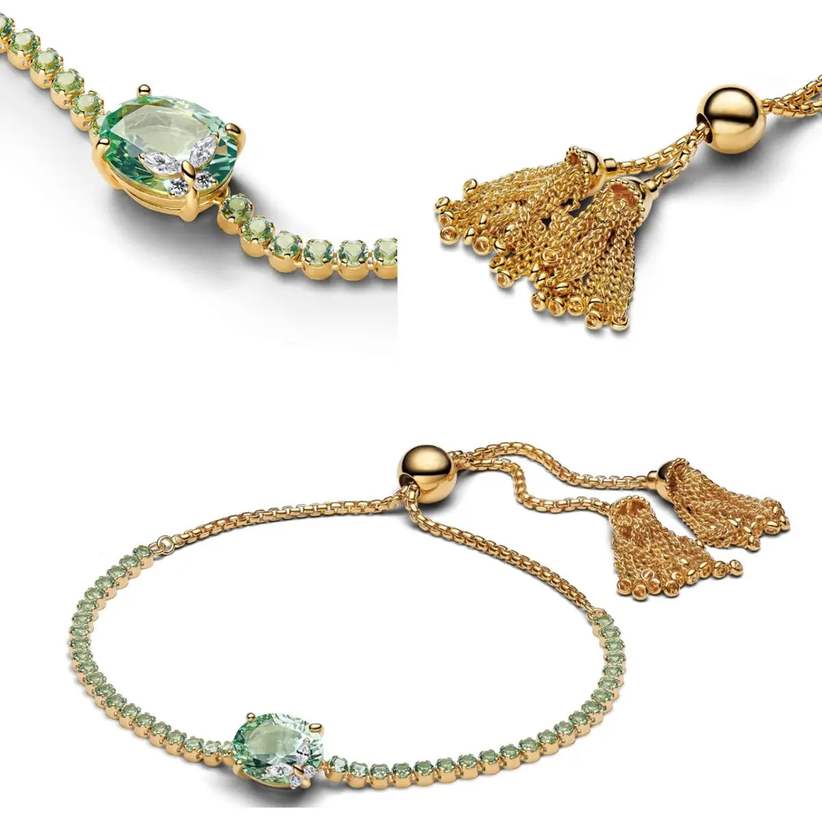 Simples Market gold-tone jewelry set: green gemstone bracelet with central teardrop and tassel fringe necklace