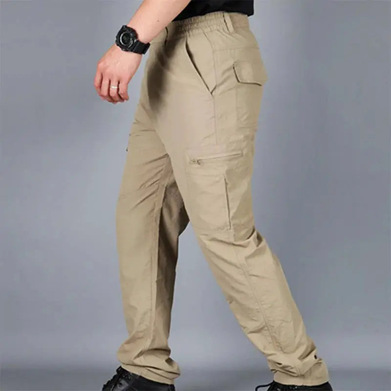 Summer men's quick-drying beige cargo pants with multiple pockets and zippered side pocket for outdoor mountaineering