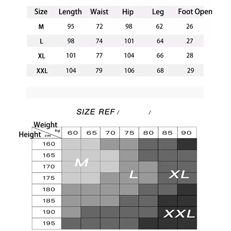 Men's running pants size chart with M-L-XL-XXL measurements and a height/weight reference grid