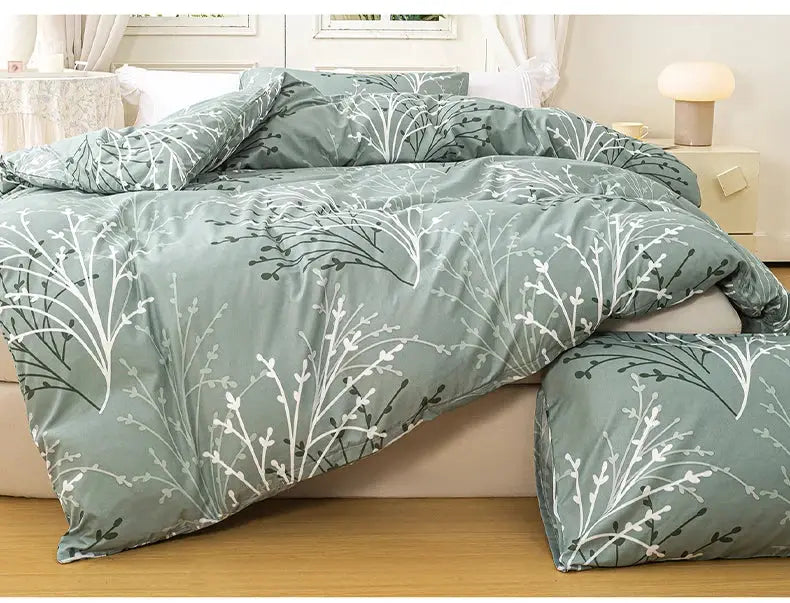 Leaf floral 3-piece duvet cover set in teal with white branch pattern; includes 1 duvet cover and 2 pillowcases