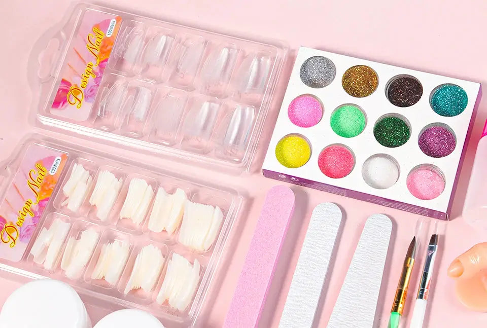 Simples Market nail art kit with acrylic powder and liquid monomer, glitter pigments, 3D nail tips, and carving tools