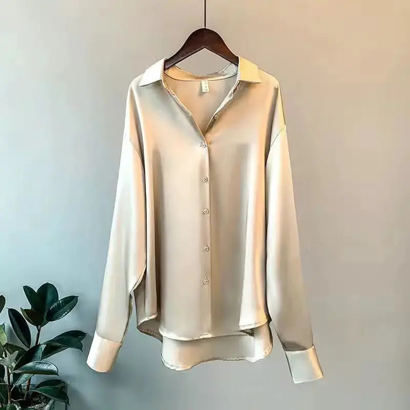 Aurora Couture Satin Blouse For Women All Season Comfort Button Front For Office And Casual Wear