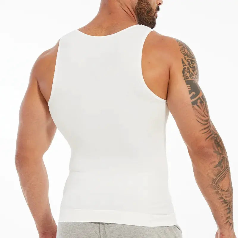 Men's white sleeveless shapewear tank top with breathable fabric