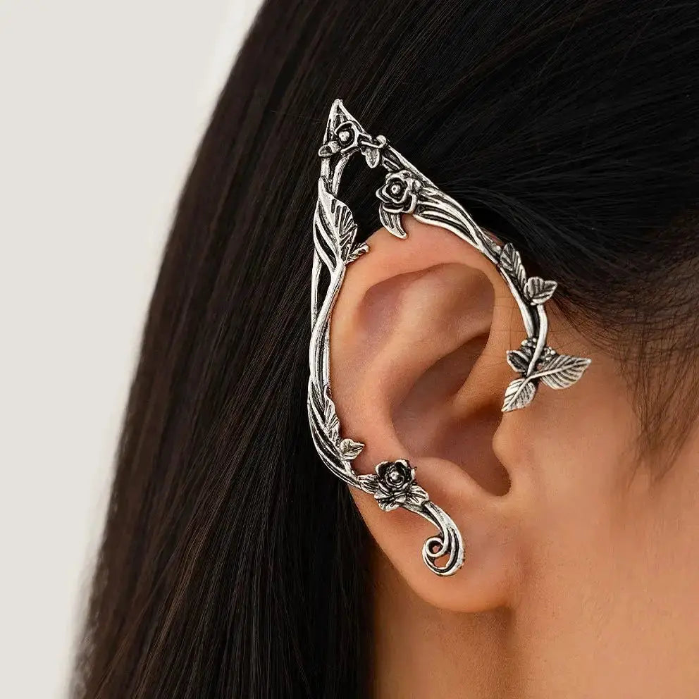 Silver elf-leaf ear cuff from Simples Market; intricate floral vine with leaves