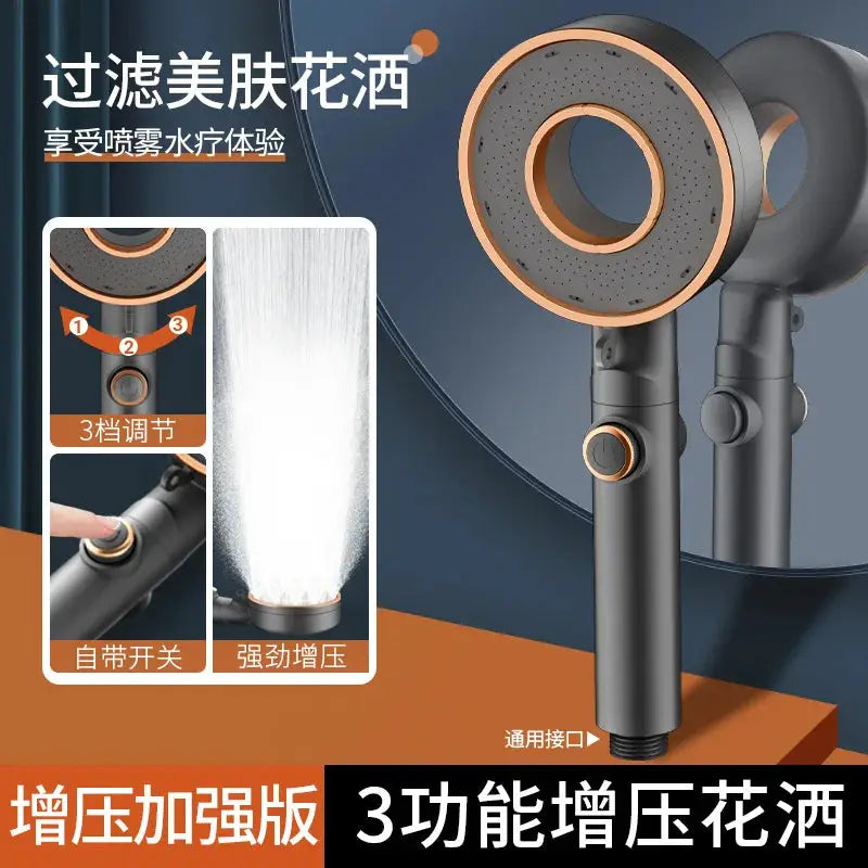 Three-mode adjustable shower head by Simples Market in black with copper ring, high-pressure spray and built-in switch