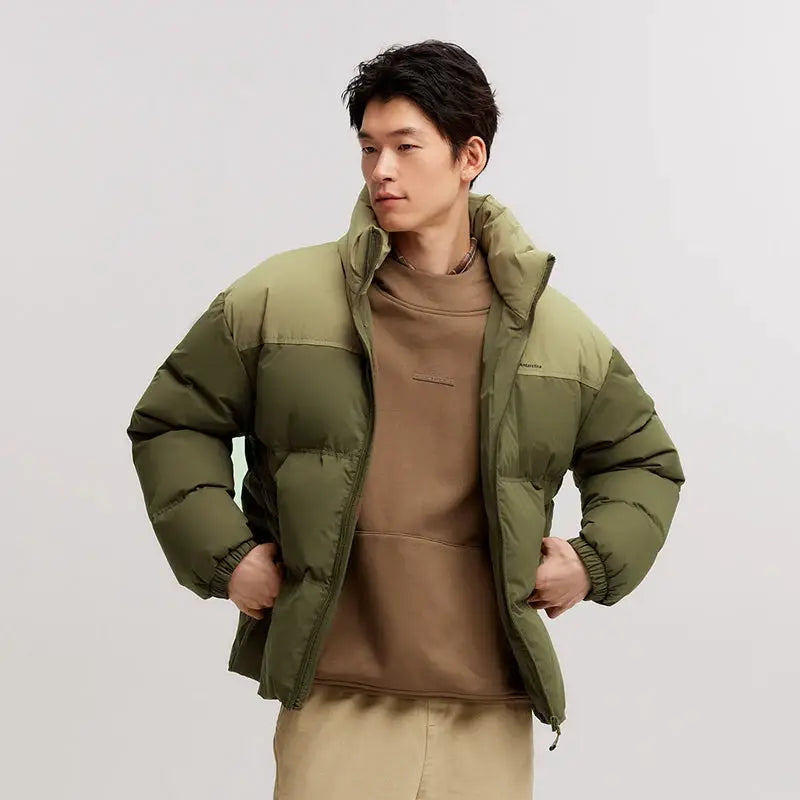 Semir down jacket unisex olive-green puffer coat with high collar, worn by model.