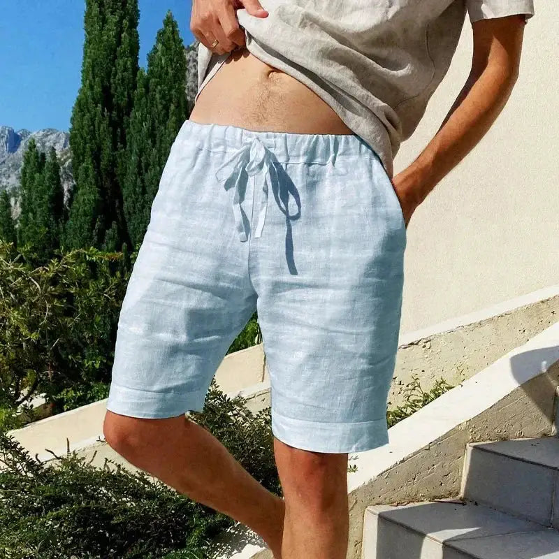 Men's light blue cotton-linen breathable knee-length shorts with drawstring waist