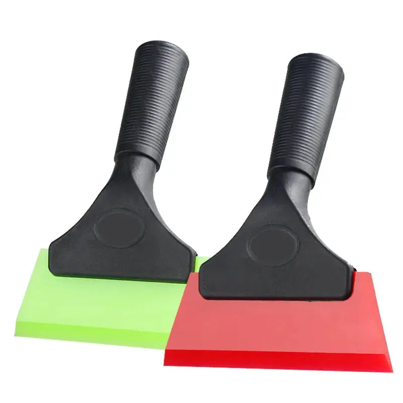 Automotive window film scraper set with two blades, green and red, black handles