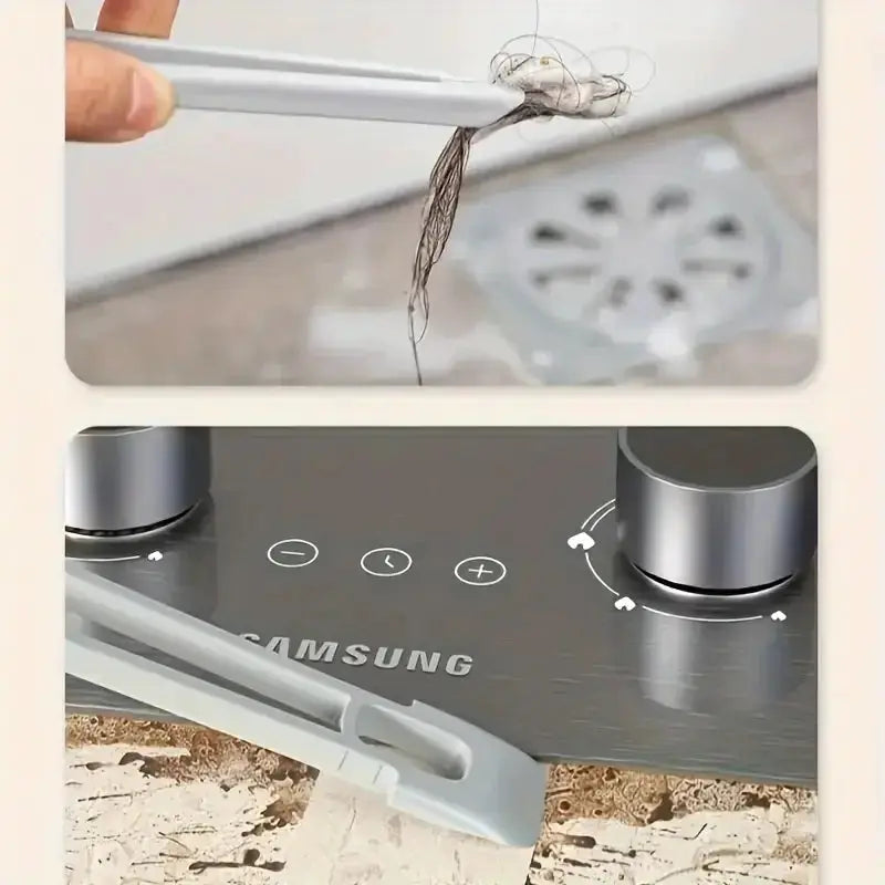 Simples Market 4-in-1 360° rotating hard-bristle scrub brush with clip scraper; gray handle for bathroom and kitchen cleaning.