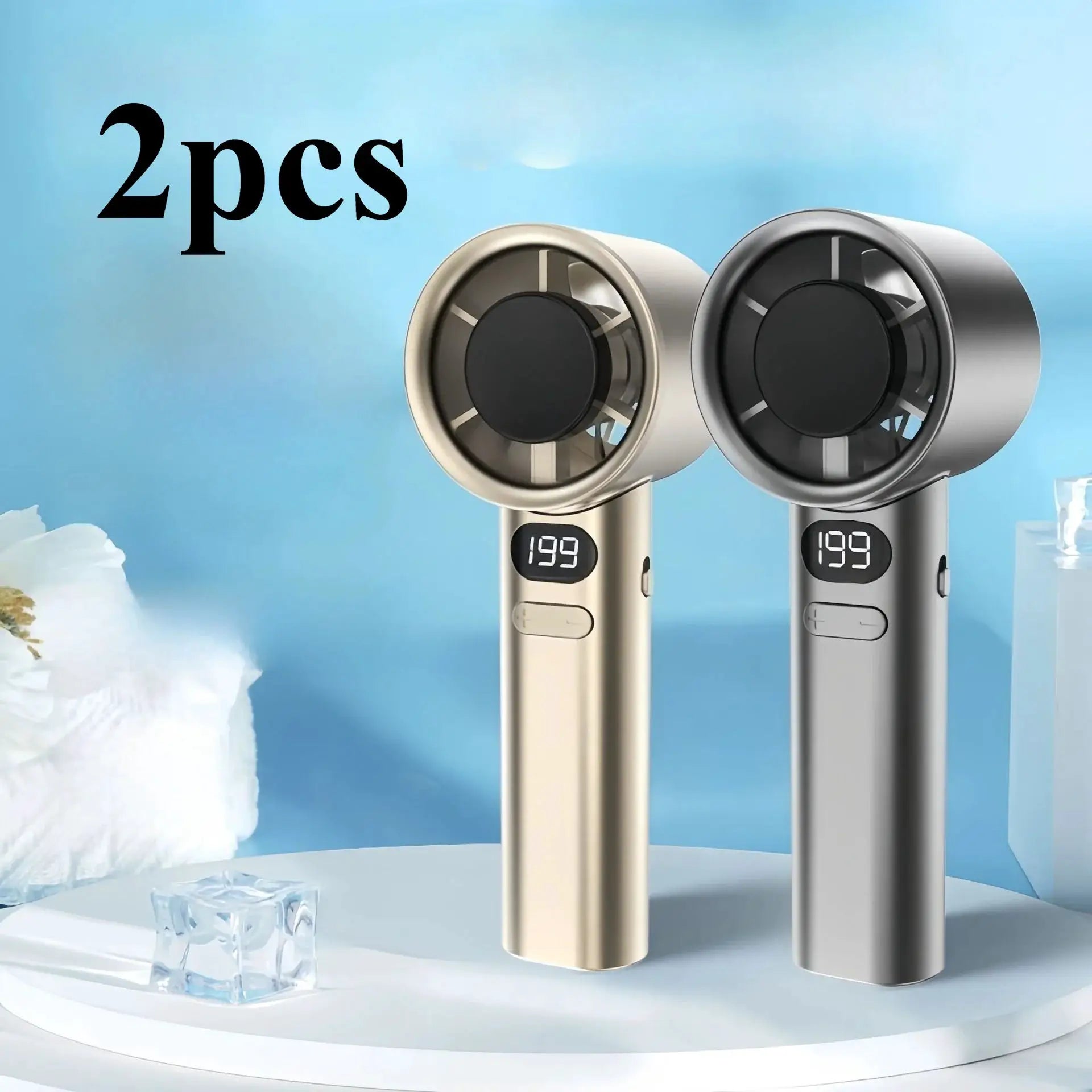 2pcs handheld mini fans in gold and silver metal finish with digital displays on the handles