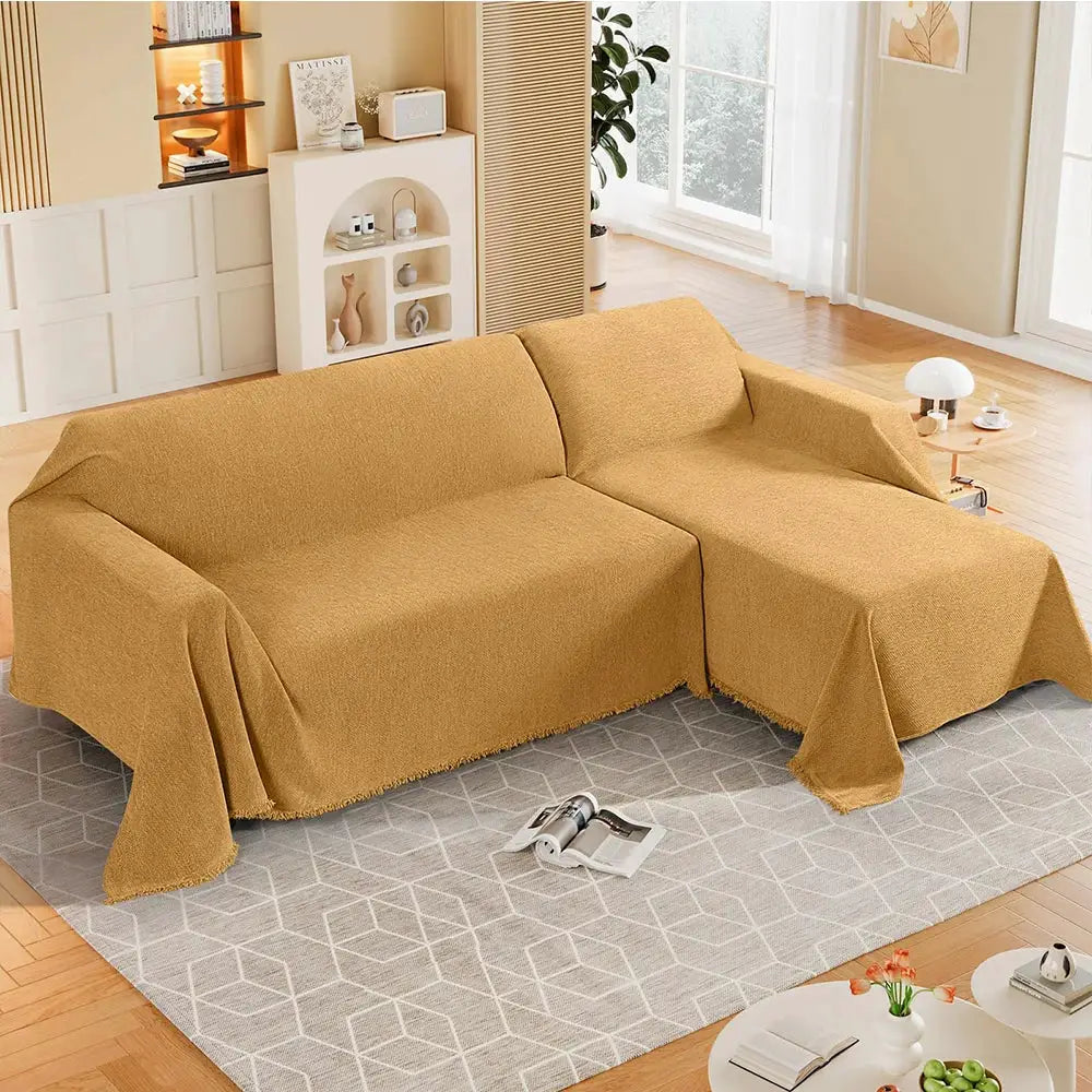 Couch cover for sectional sofa; mustard chenille with fringe for a heavyweight, cozy look.