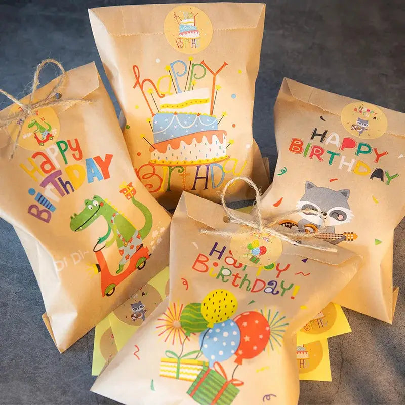 24-pack kraft paper gift bags with birthday designs featuring dinosaurs, balloons and cake by Simples Market
