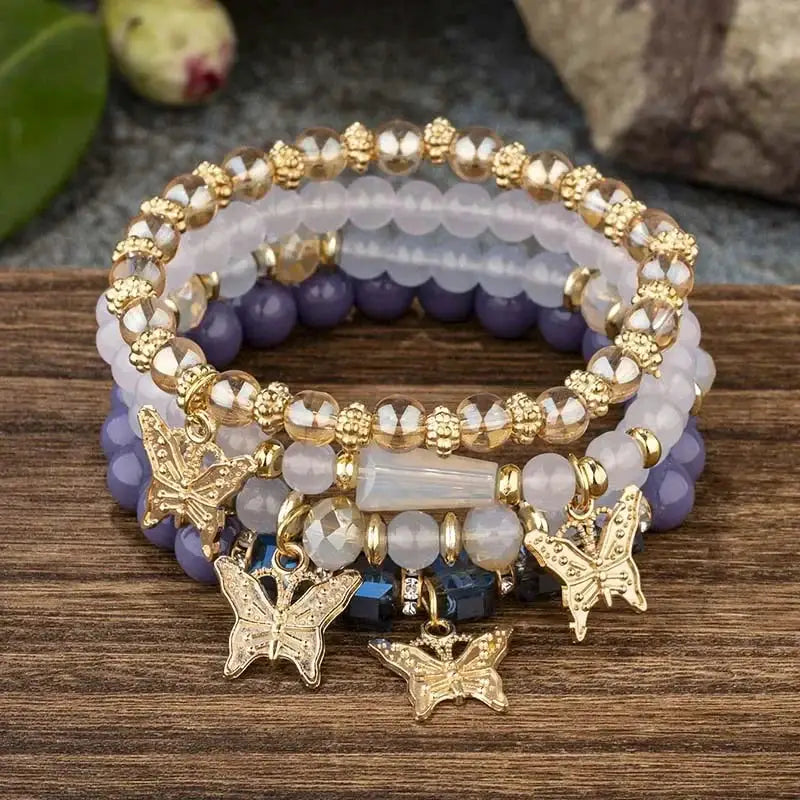 4 Pcs Trendy Butterfly Beaded Bracelet Set For Women Pink Acrylic Beads Elastic Chain Bangles Party Jewelry Gift