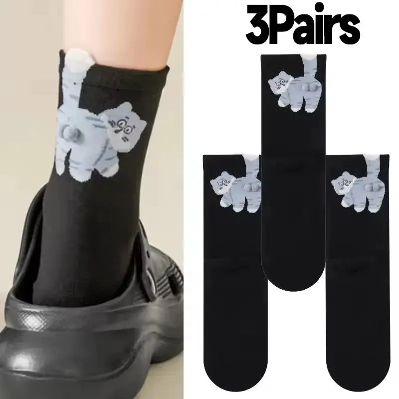 3D Cute Cat Socks Black And White Cotton Socks For Women And Girls Breathable Soft Kawaii Gift Sock Set