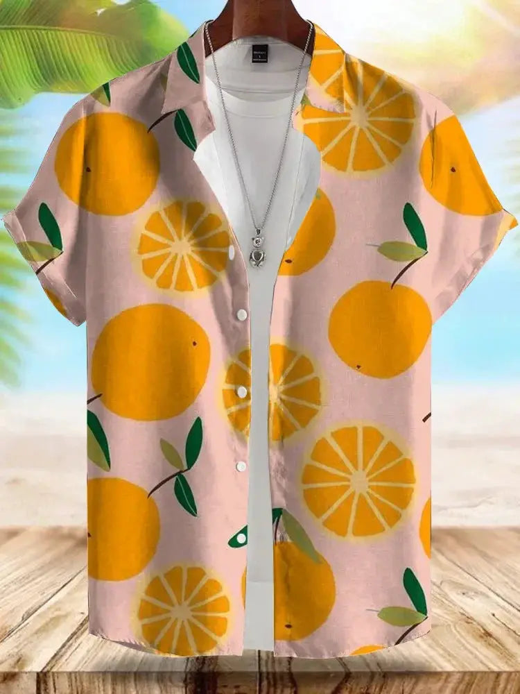 Seaside Hawaiian style men's shirt by Simples Market; pink with orange lemon print, short-sleeve beachwear.