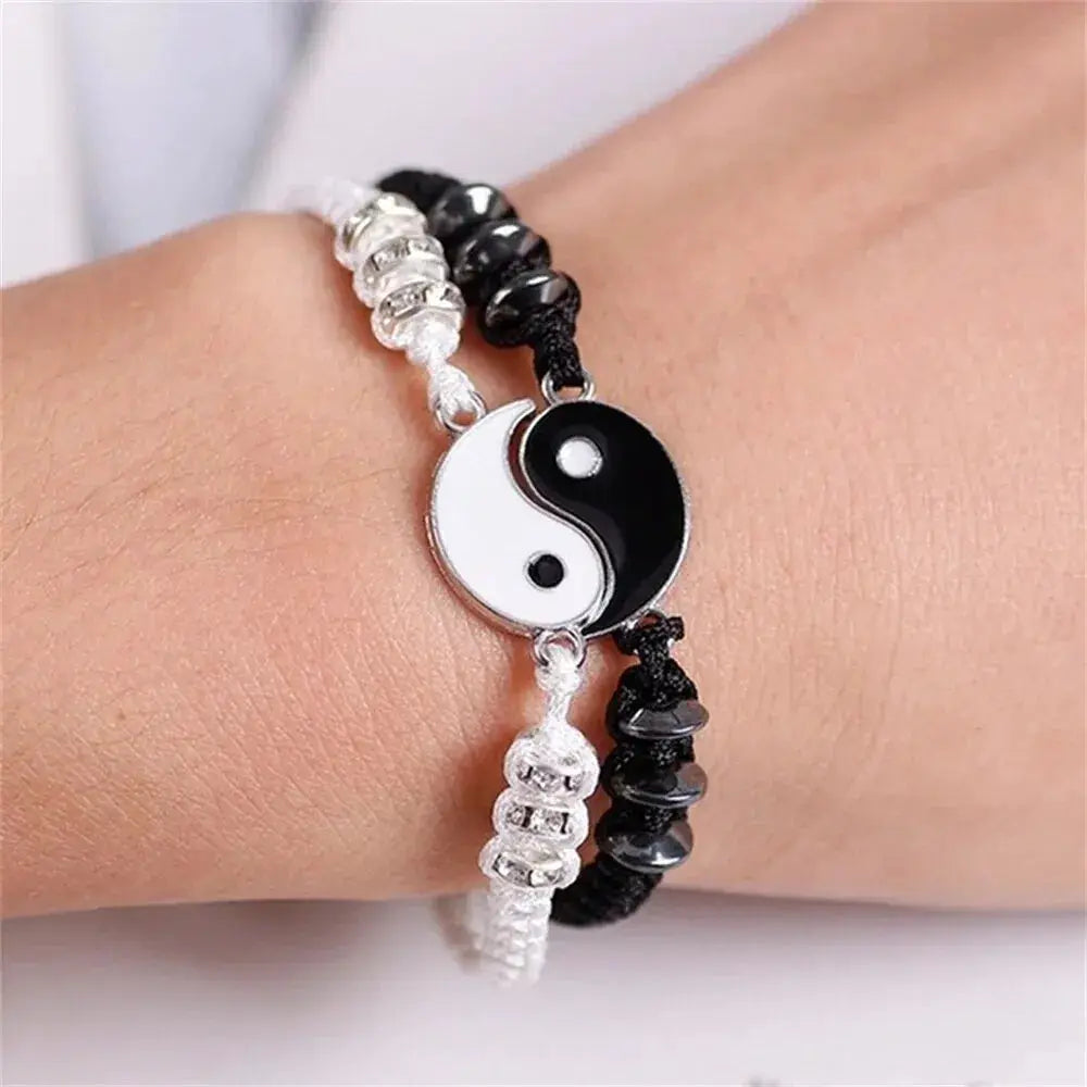 Two Piece Yin Yang Tai Chi Bracelet Set For Couples Rope Chain Adjustable Daily Wear Jewelry Black White