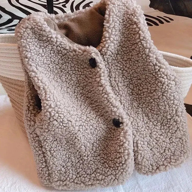 Autumn Winter Baby Lamb Wool Velvet Waistcoat For Girls And Boys Plush Vest Single Breasted V Neck Warm Coat