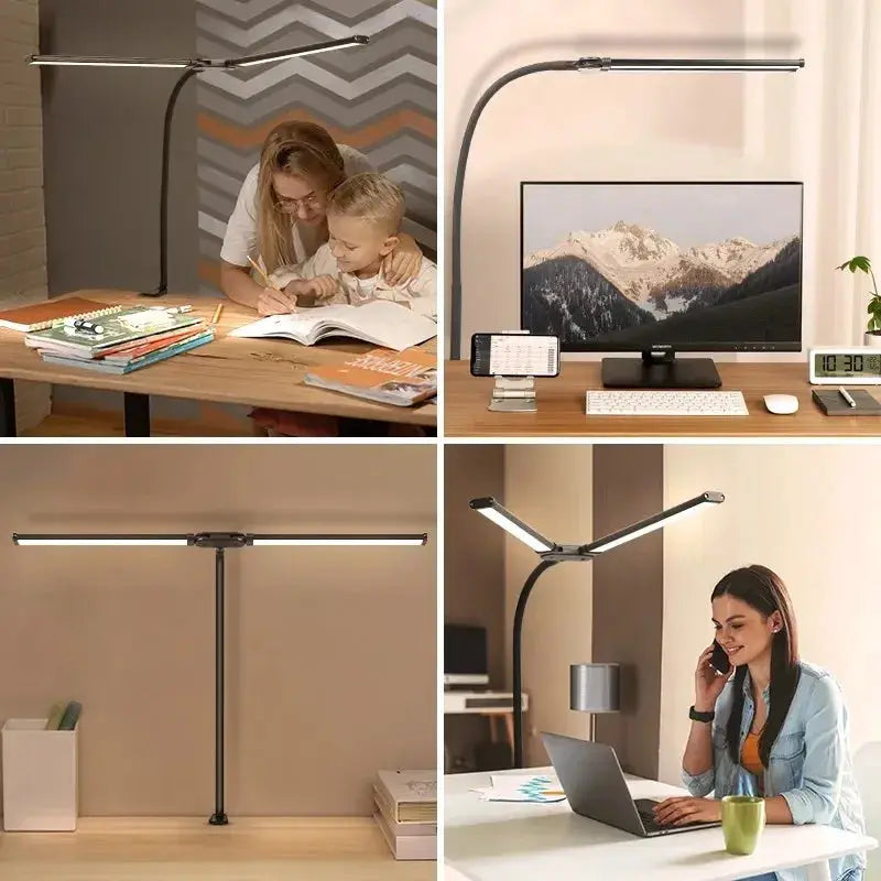LED desk lamp with double/single head, black metal gooseneck, stepless dimmable for eye-care lighting
