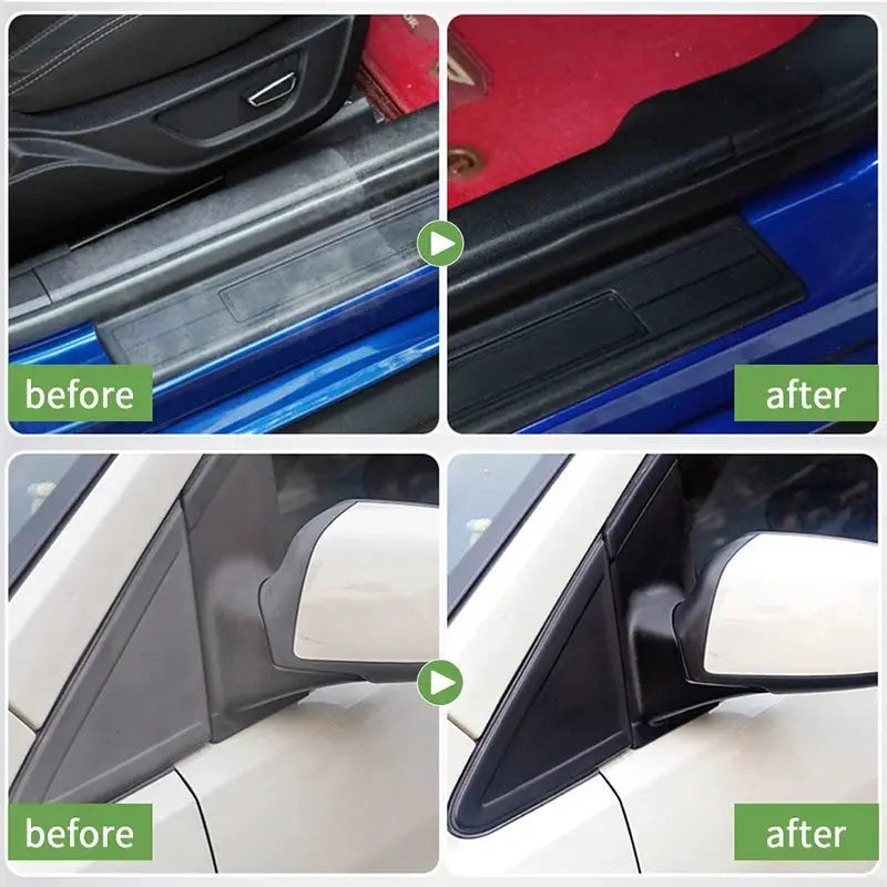 Simples Market Plastic Restorer Back To Black, before/after car trim restoration showing darker glossy plastic.