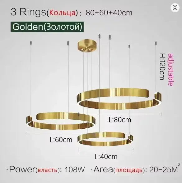 3-Ring Golden metal LED Pendant Chandelier by Simples Market; adjustable ceiling light for dining rooms
