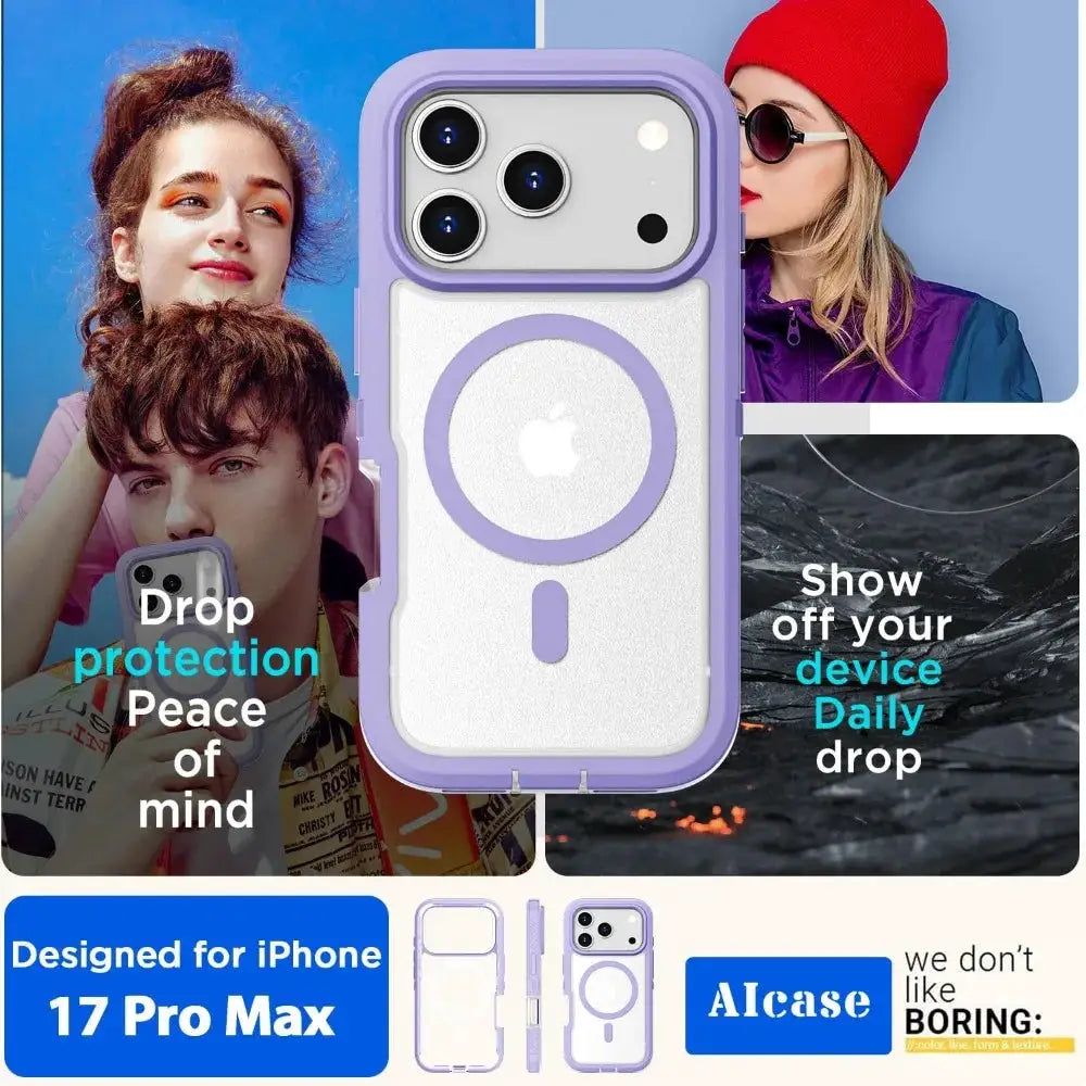 Simples Market matte clear magnetic phone case for iPhone 17 Pro Max with lavender frame, anti-slip grip, MagSafe ring