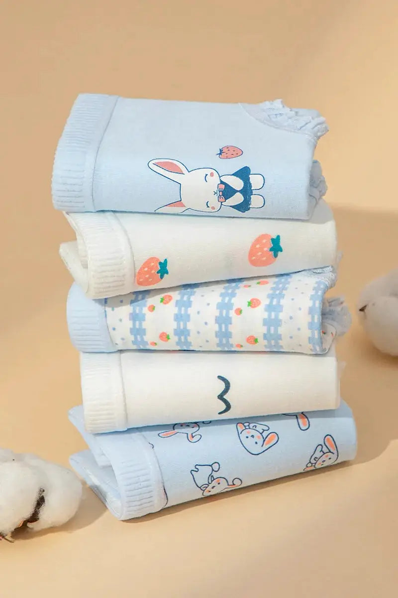 5Pcs Simples Market cotton women's panties in pastel blue/white with strawberry and rabbit prints.