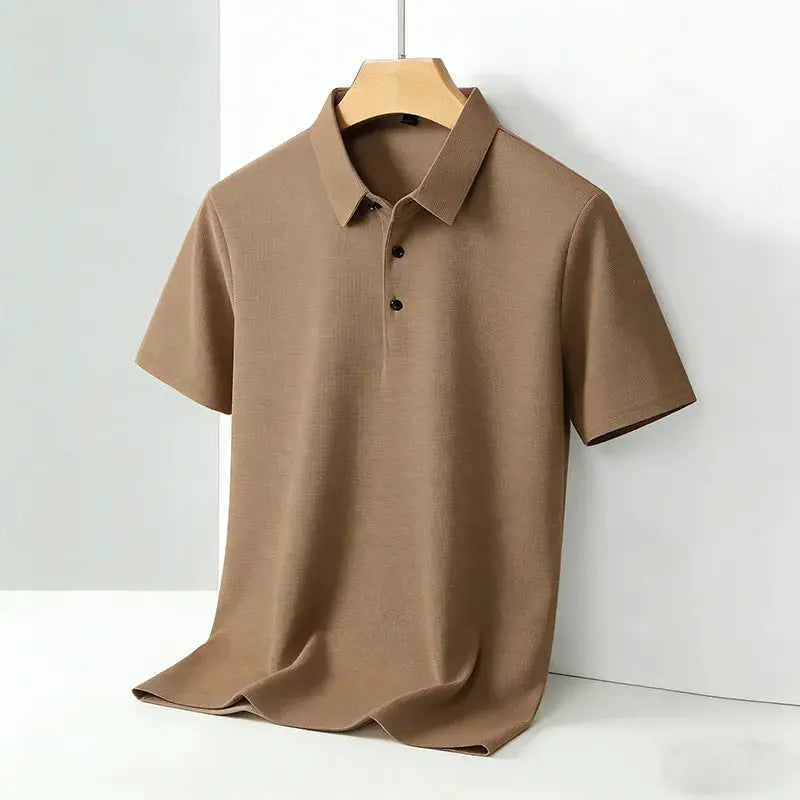 Men's Classic Collar Short Sleeve Polo Shirt, tan color, on hanger