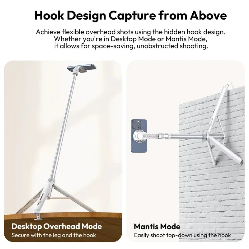 Ulanzi TT88 overhead selfie stick and phone tripod in silver with magnetic clamp; desktop overhead and mantis modes