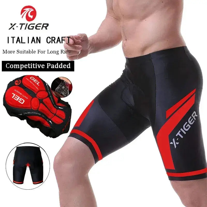 X-TIGER men's cycling shorts with gel pad, black with red accents and anti-slip leg grips