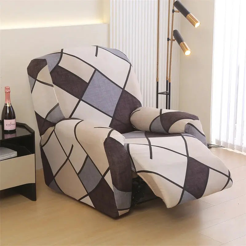 Recliner cover by Simples Market in beige, gray and brown geometric pattern; stretch fabric.