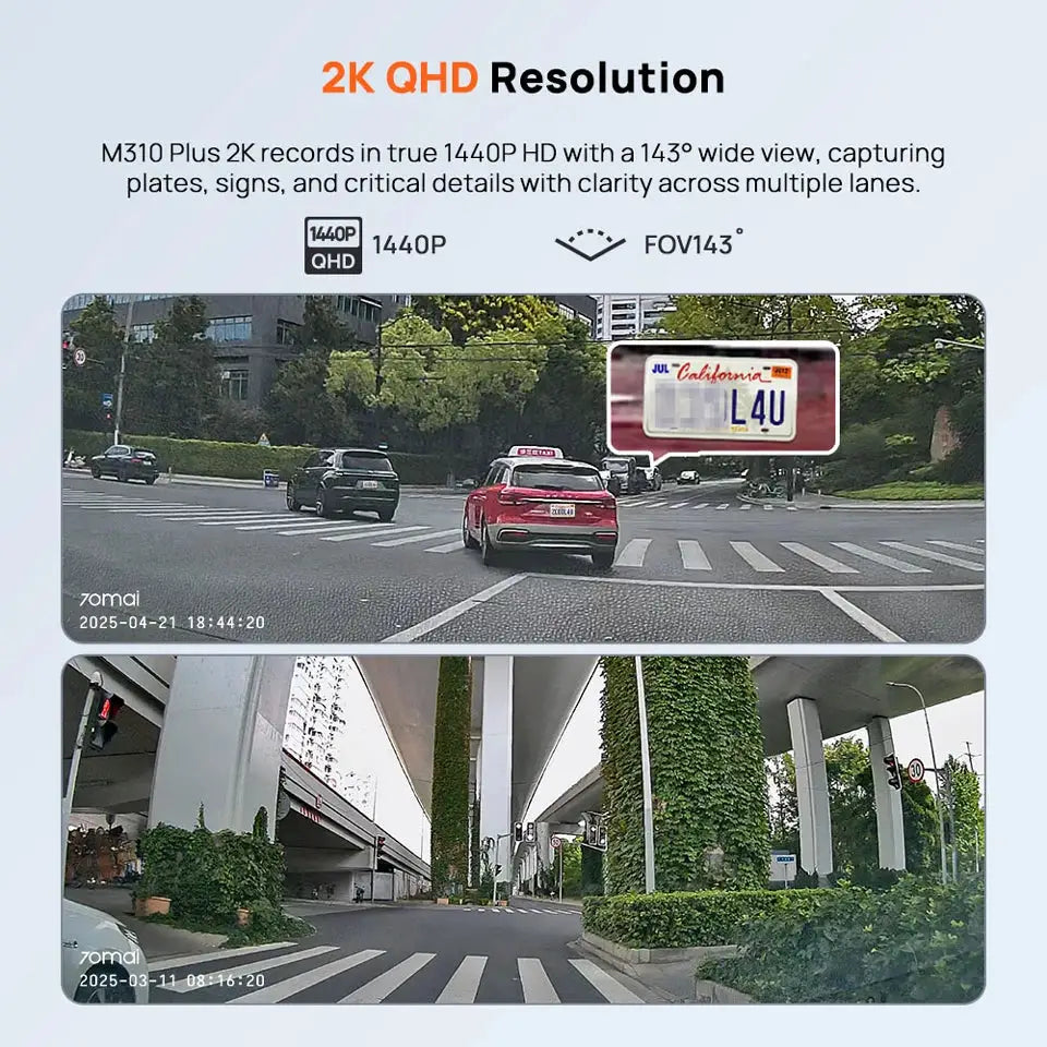 70mai Dash Cam M310 Plus; 2K 1440P with 143° FOV