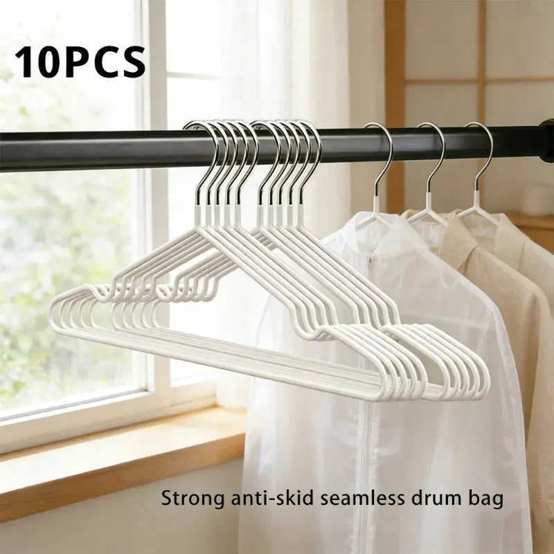 Simples Market 10-pack nano-coated non-slip clothes hangers, white metal dual-use for dry or wet clothes.
