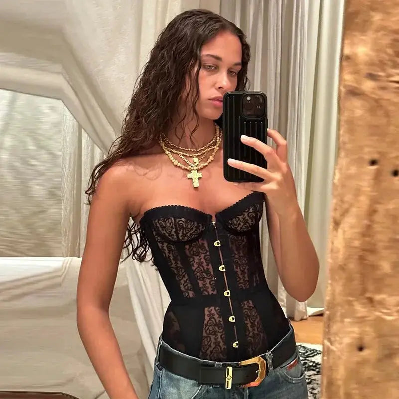 Corset Lace Hollow Out Strapless Sleeveless Top With Lace Up Back Slim Fit For Summer Women Streetwear Vest
