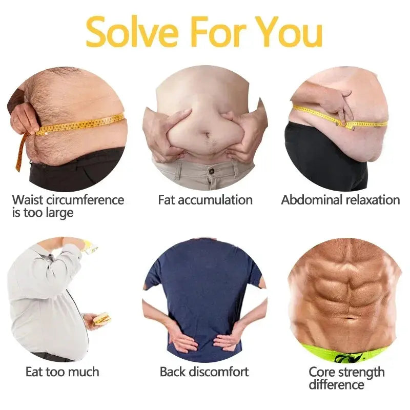Mens slimming body shaper vest by Simples Market; six-panel infographic showing waist, fat, back and core areas