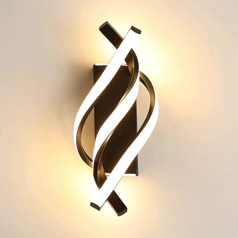 Curved spiral LED wall lamp by Simples Market; brown metal frame with white illuminated strips