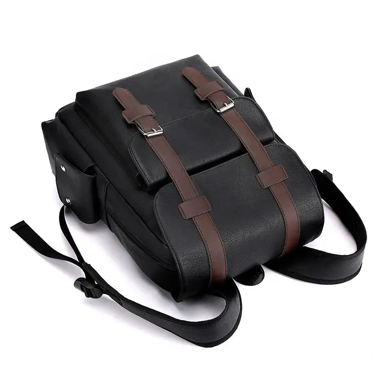 Backpack black PU leather with brown buckle straps, large laptop backpack for teens