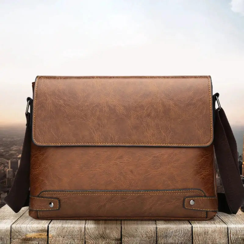 Brown textured leather men's shoulder bag with front flap and adjustable crossbody strap