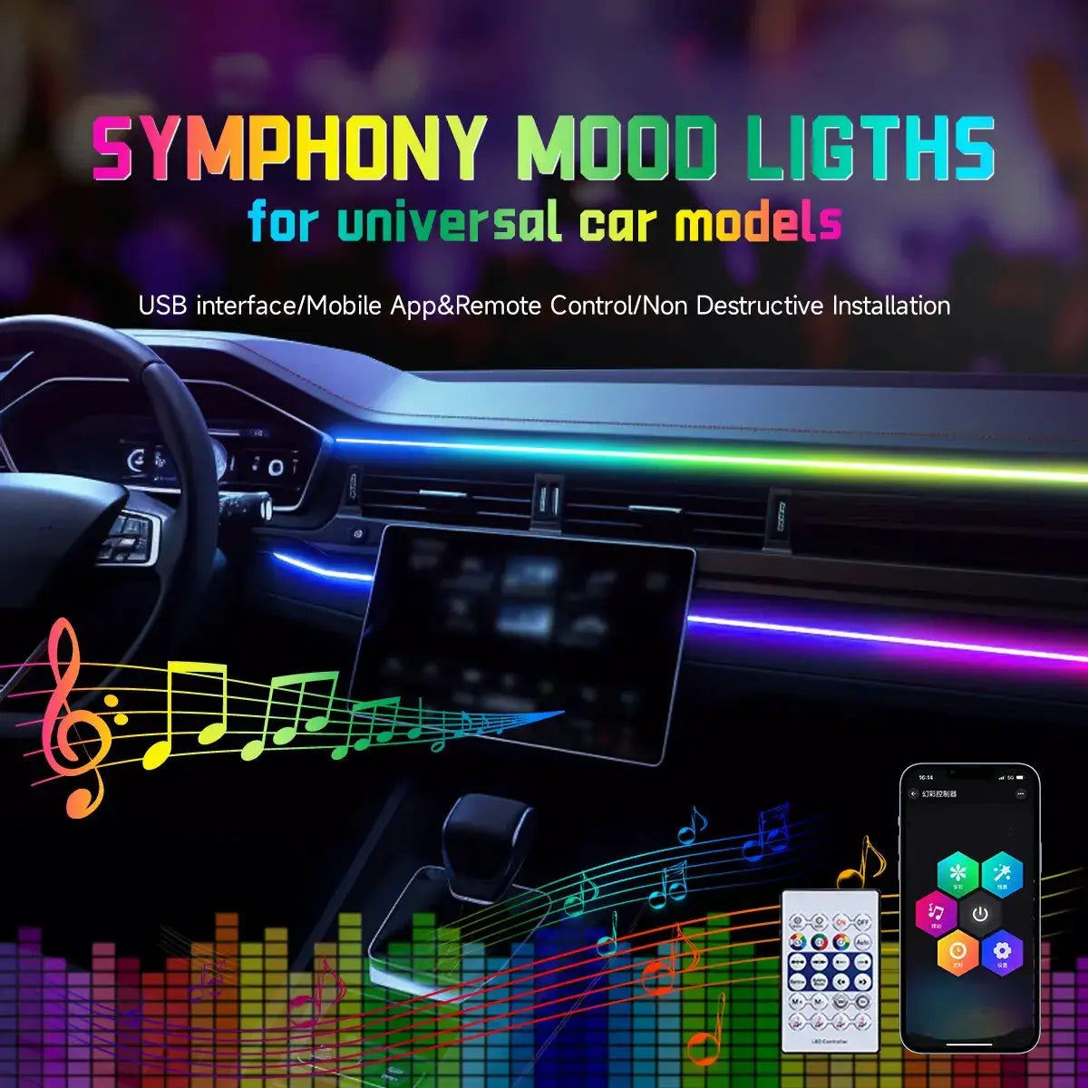 Car LED Ambient Light USB 64 Colors RGB Acrylic Strips 110cm With App Remote Control Atmosphere Lamp