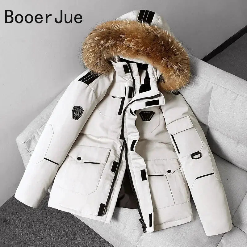 Men's white thermal down jacket with fur-trim hood, black accents, BooerJue branding visible