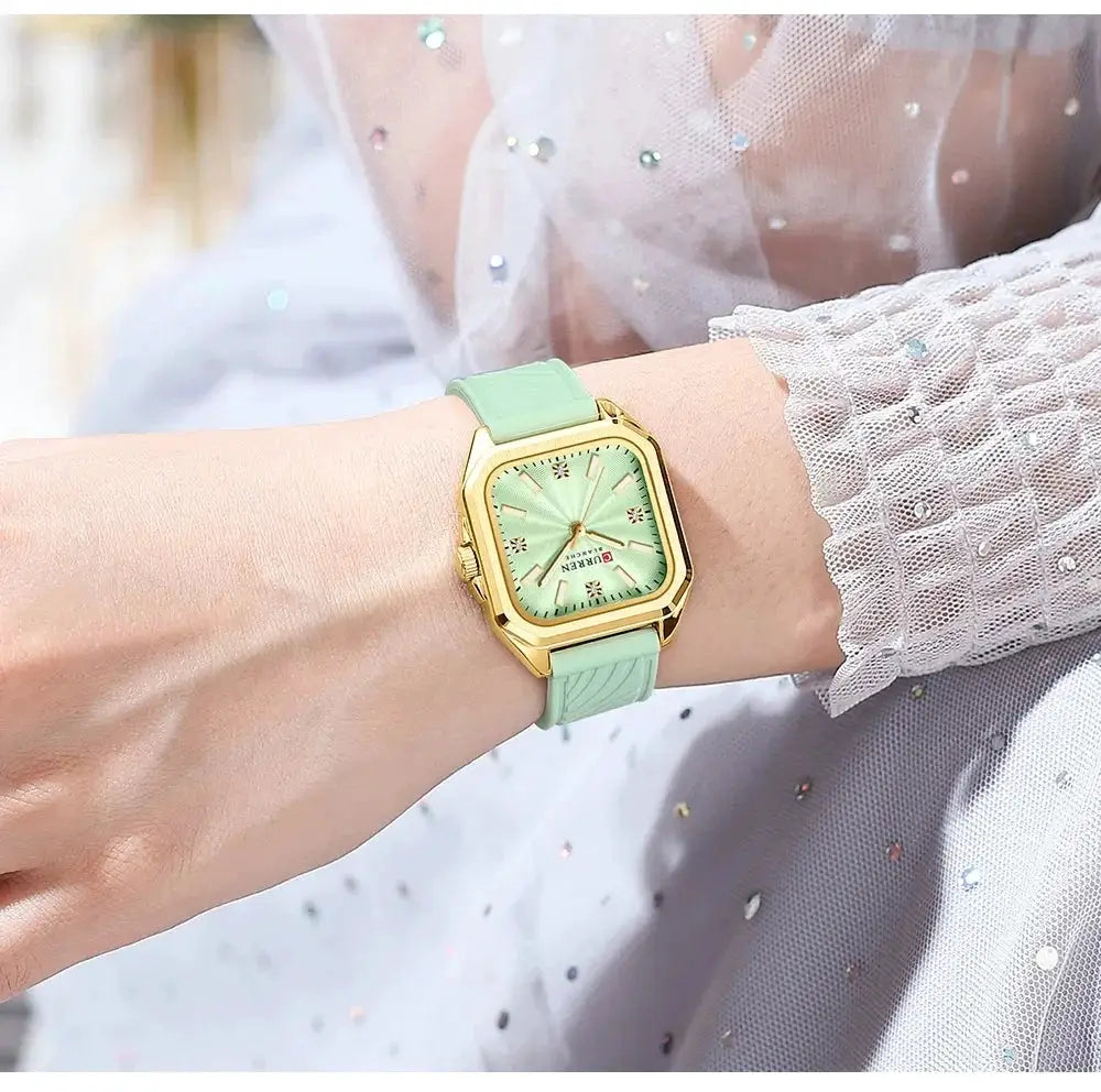 CURREN ladies' quartz watch with a gold square case and mint green strap by Simples Market