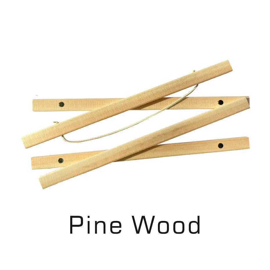 Pine wood magnetic painting frame slat set, natural finish, five pieces with holes and hanging cord.