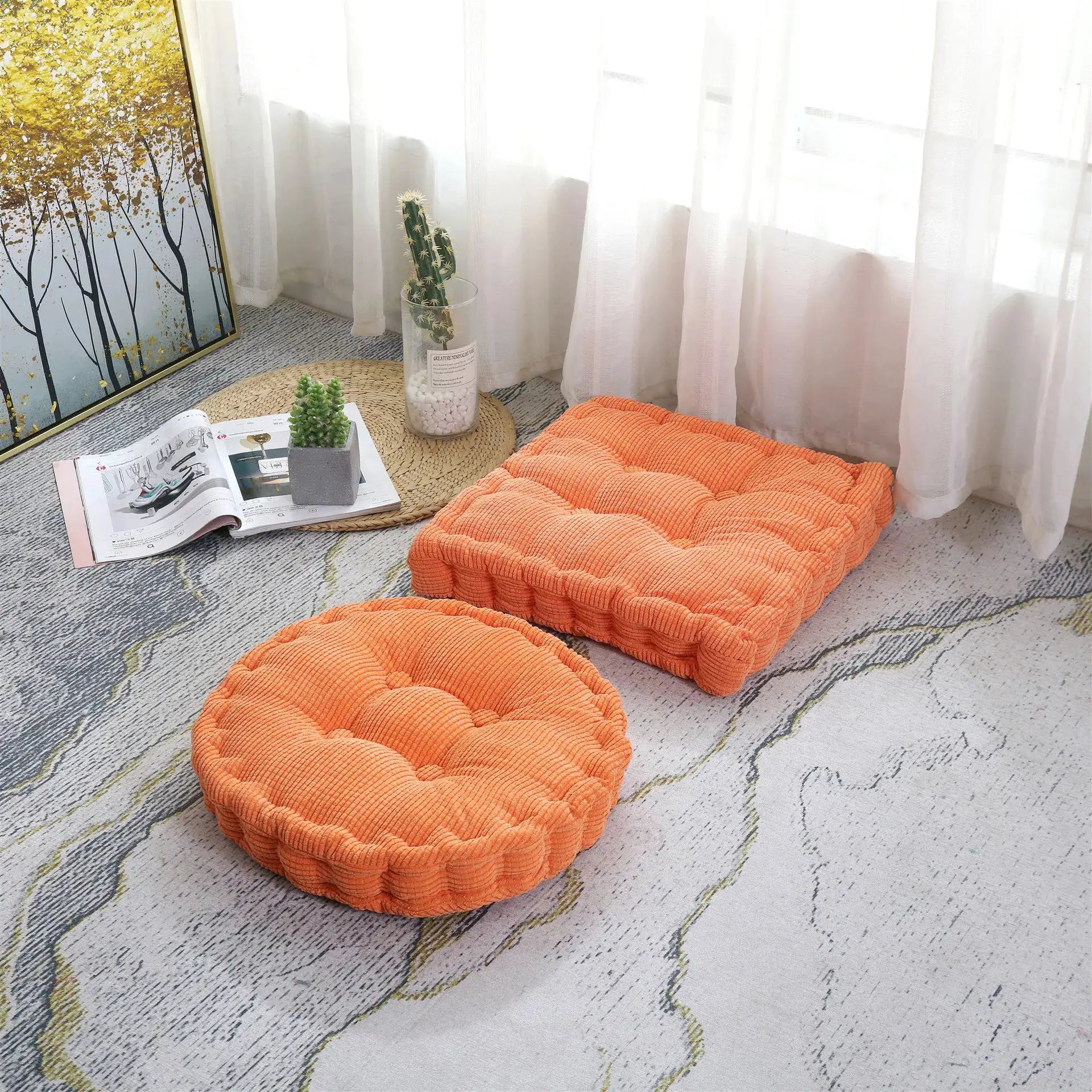 Tufted seat cushions, 3 orange round floor chair pads, 50x50cm for home/office use