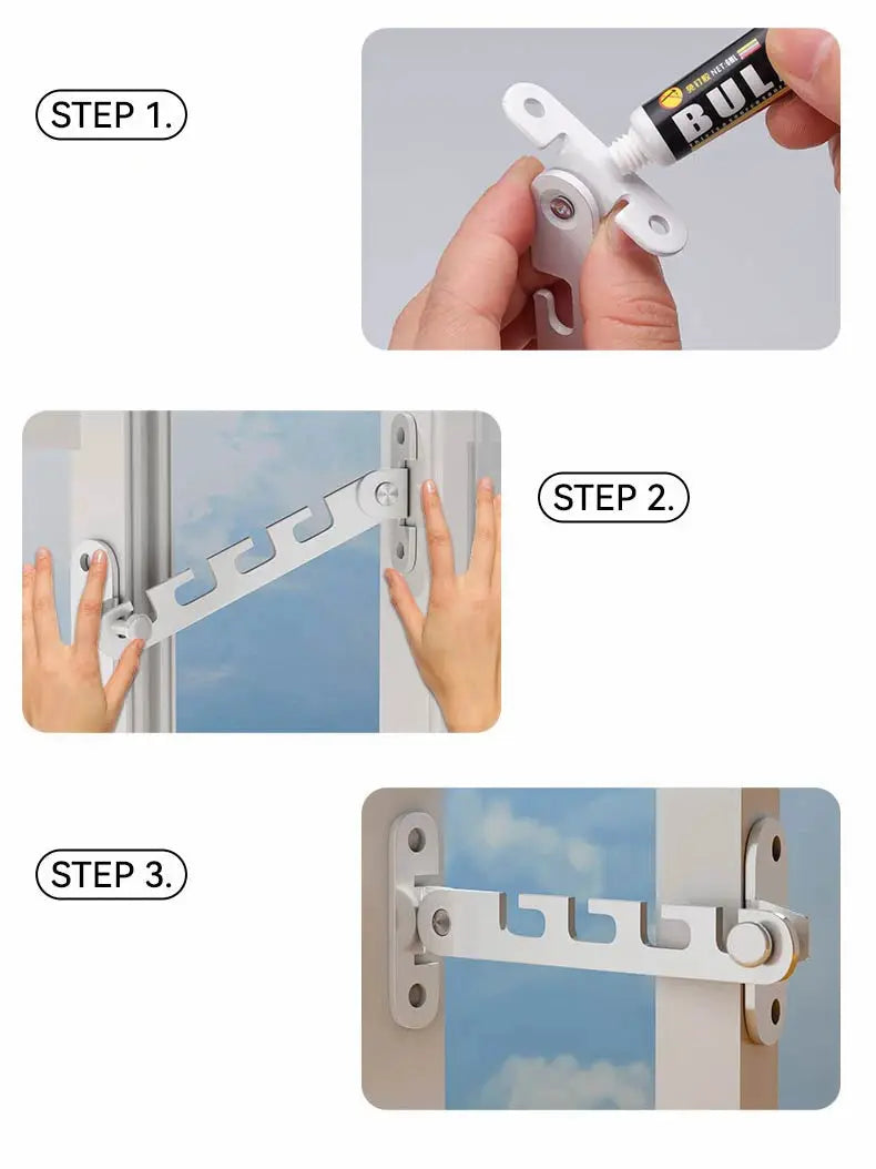 Simples Market window safety latch; white adjustable childproof window lock shown in installation steps