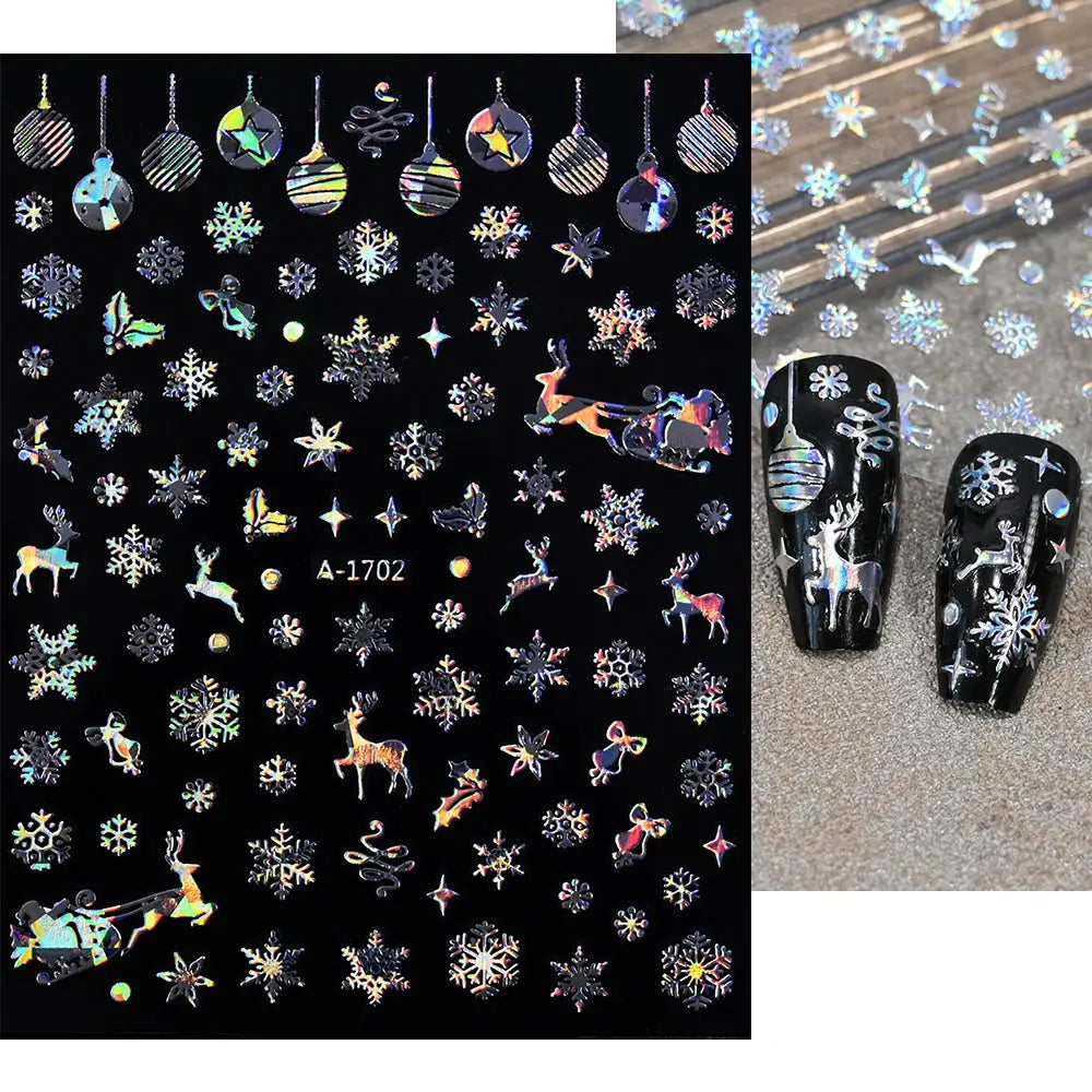 Simples Market Winter Christmas nail sticker sheet with snowflakes, snowmen and reindeer, self-adhesive holographic