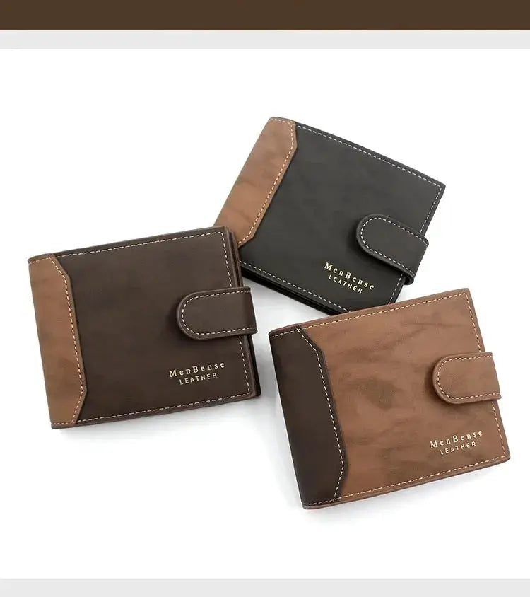 Men's wallets: three two-tone brown and tan PU leather with strap closure