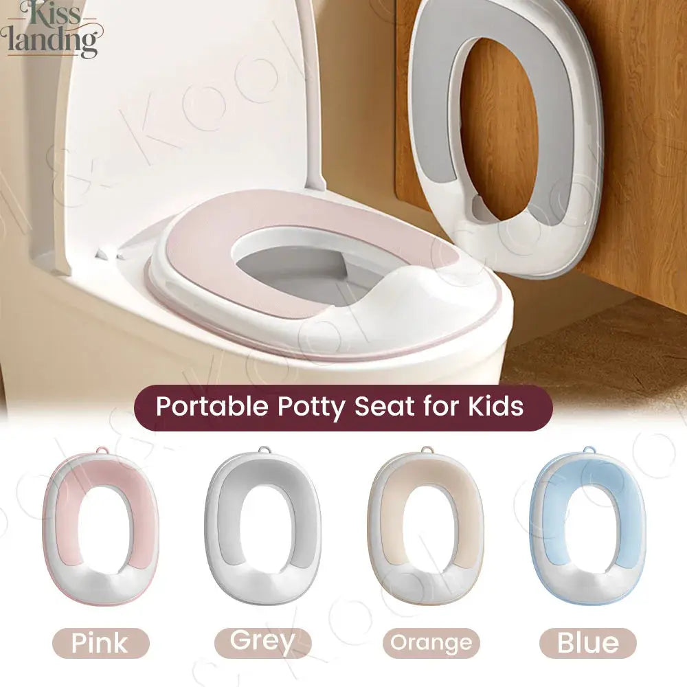 Portable potty seat for kids with four color options: pink, grey, orange, blue.