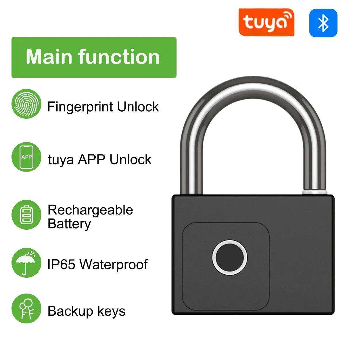 RAYKUBE Tuya smart padlock with fingerprint unlock, Tuya App unlock, rechargeable battery, IP65 waterproof, backup keys