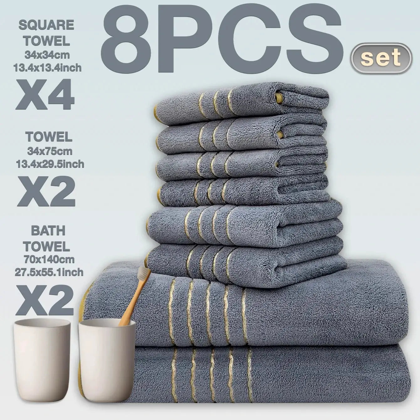 Simples Market 8pc luxury cotton towel set in gray with gold trim; includes 4 square towels, 2 standard towels, 2 bath towels