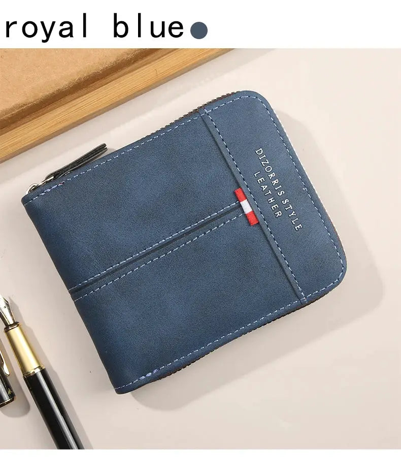 Men's blue leather wallet with zipper closure and contrast stitching.